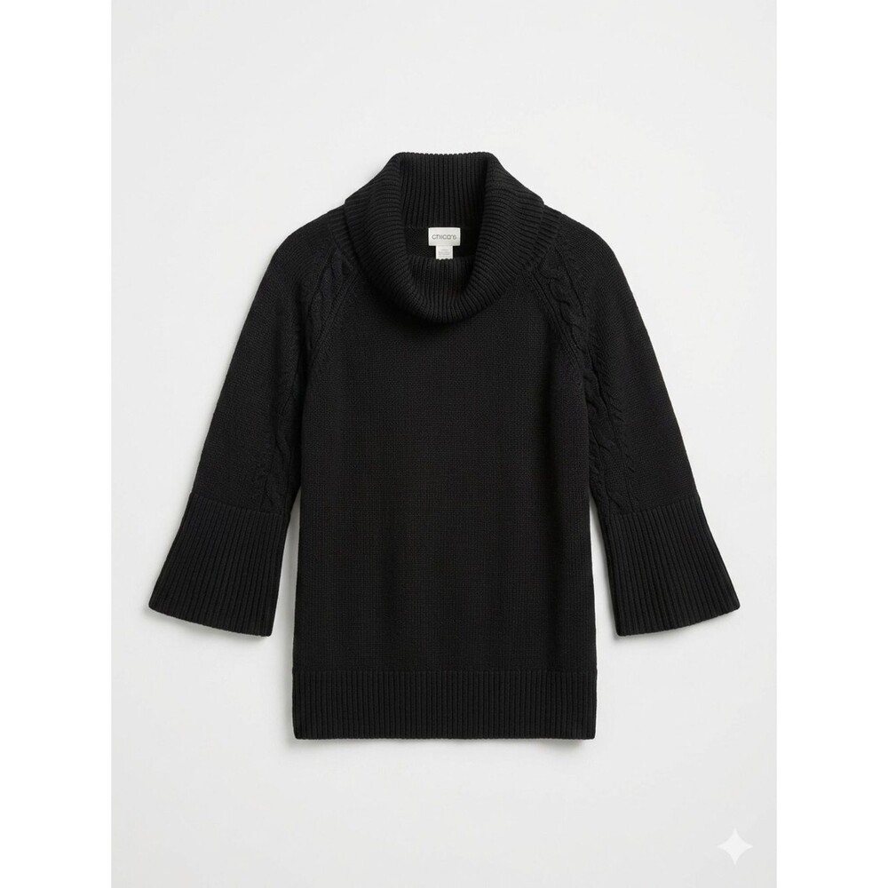 Chico’s Black Cowl Neck Chunky Knit Bell Sleeve Sweater Womens Size Large